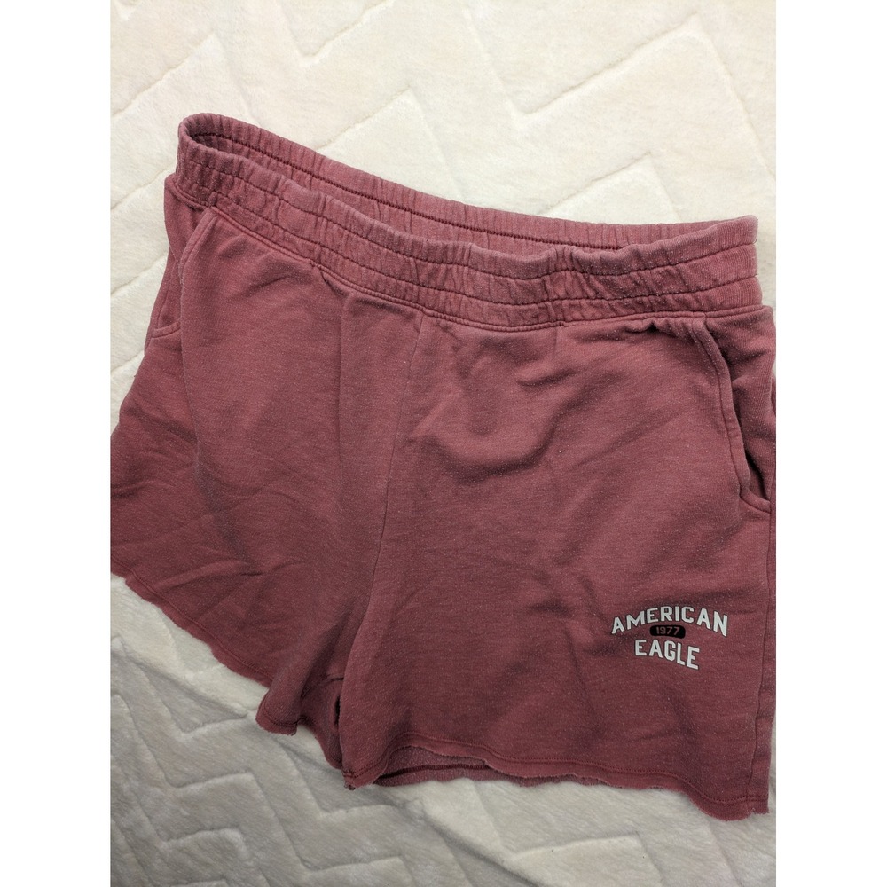 American Eagle Womens Fleece Lounge Shorts Pink Graphic Raw Hem Size Large